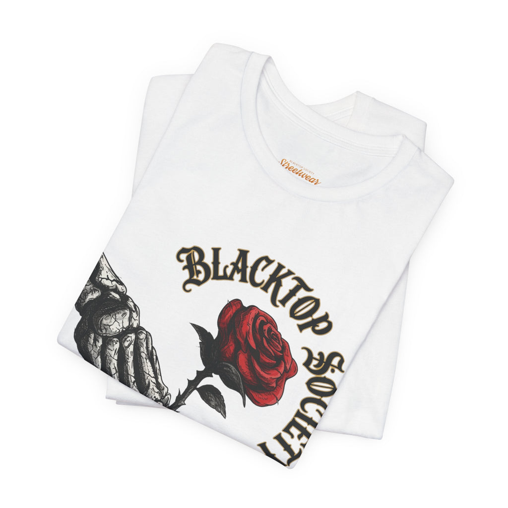 Love Never Dies skull and rose graphic tee, Blacktop Society, view 12