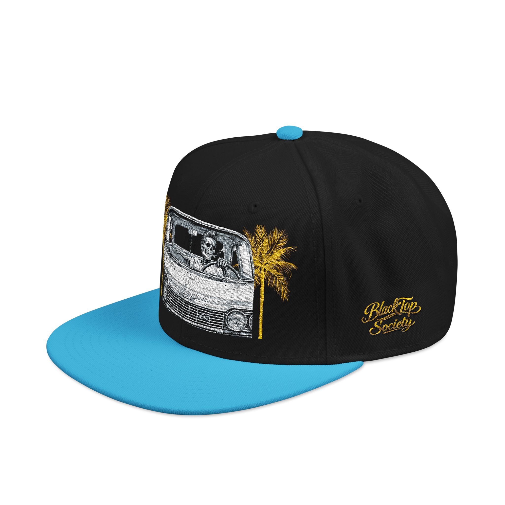Vintage camper snapback hat with embroidered palm tree and van design, view 3