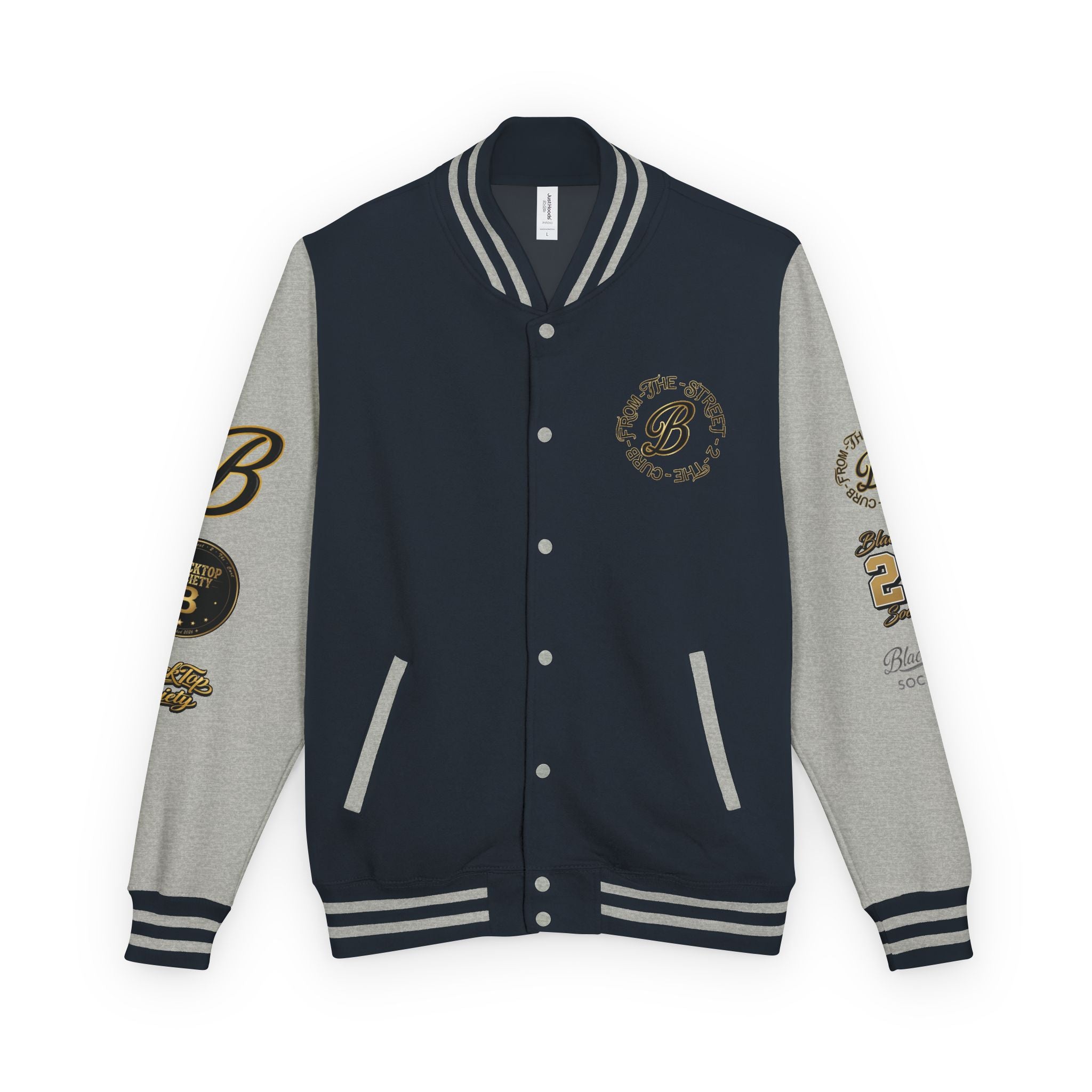 Black and white letterman jacket with skeleton biker design, Blacktop Society varsity outerwear, view 3