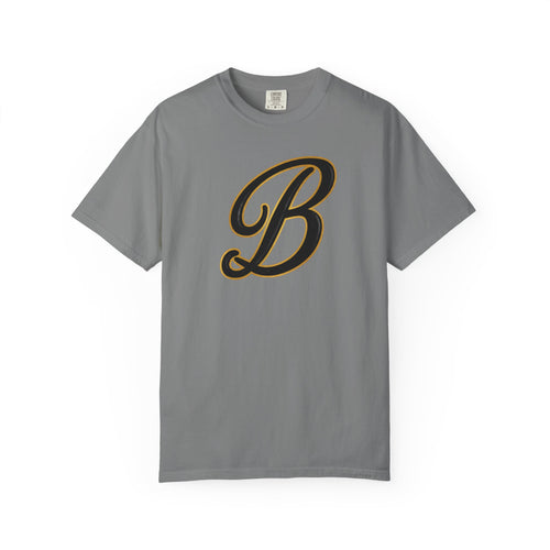 Gray streetwear tee with bold black and gold letter B graphic, urban style graphic tee