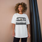 White streetwear tee with skeleton driving classic car graphic, urban culture design