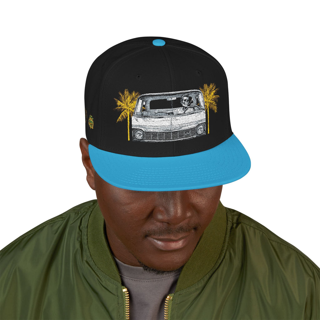 Vintage Camper Snapback Hat — Embroidered Palm Tree & Van Design