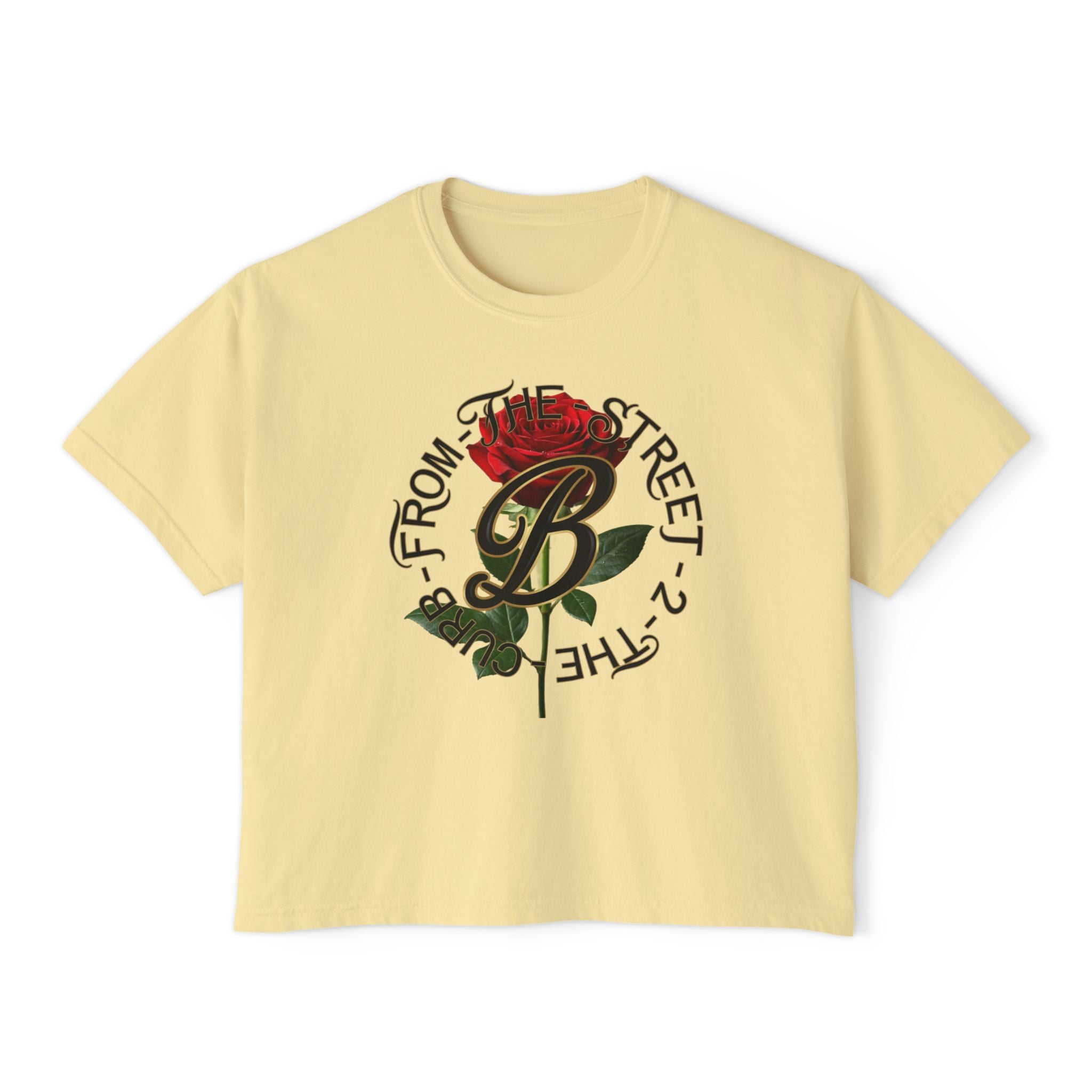 Yellow graphic tee with red rose and 'From The Street 2 The Curb' text, streetwear style
