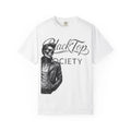White graphic tee with skeleton in leather jacket, 'BlackTop Society' text, streetwear style