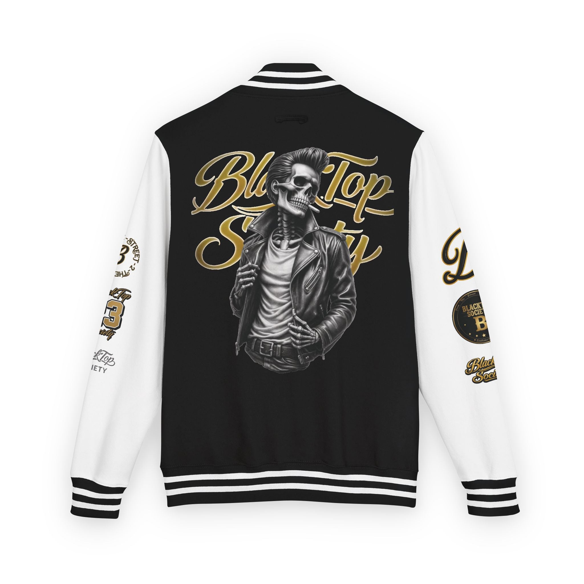Black & White Letterman Jacket — 'Blue Top Society' Skeleton Biker Design