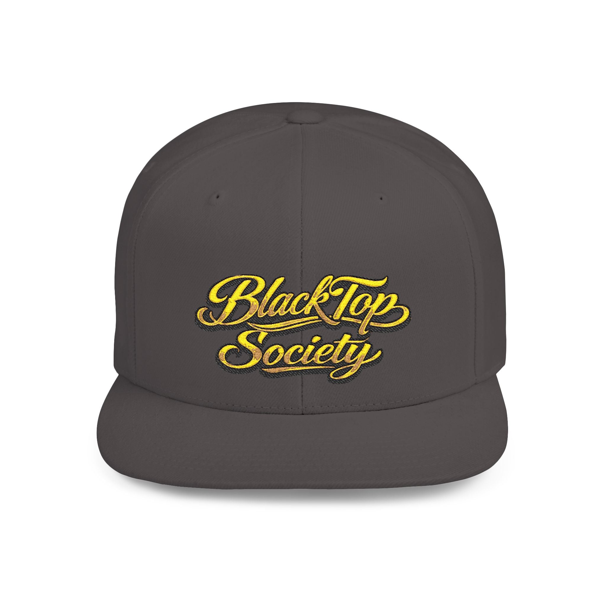 BlackTop Society snapback hat with gold script logo, streetwear style cap for urban fashion