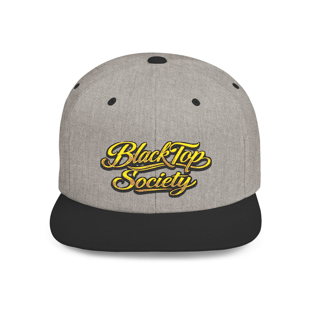 Gray and black snapback hat with 'BlackTop Society' in yellow script, streetwear style