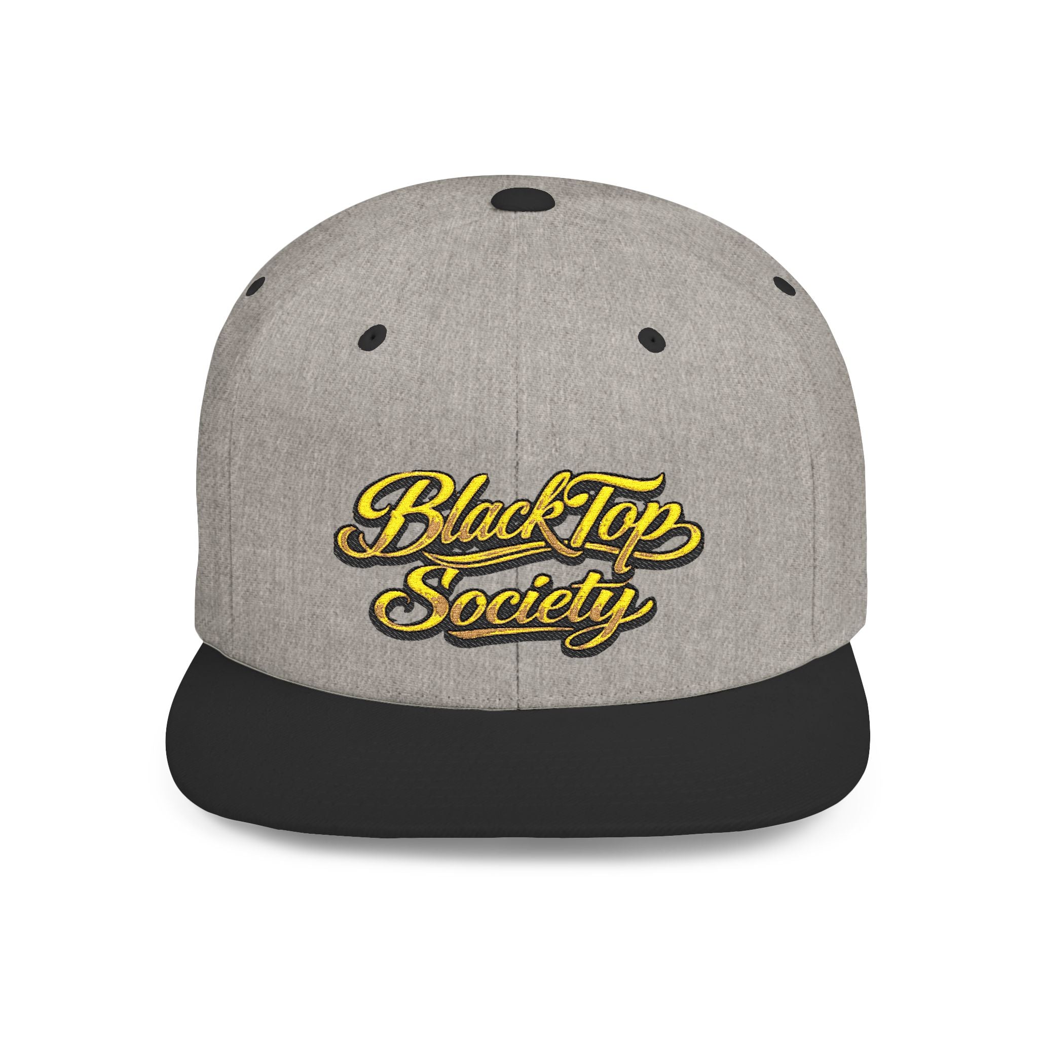 Gray and black snapback hat with 'BlackTop Society' in yellow script, streetwear style
