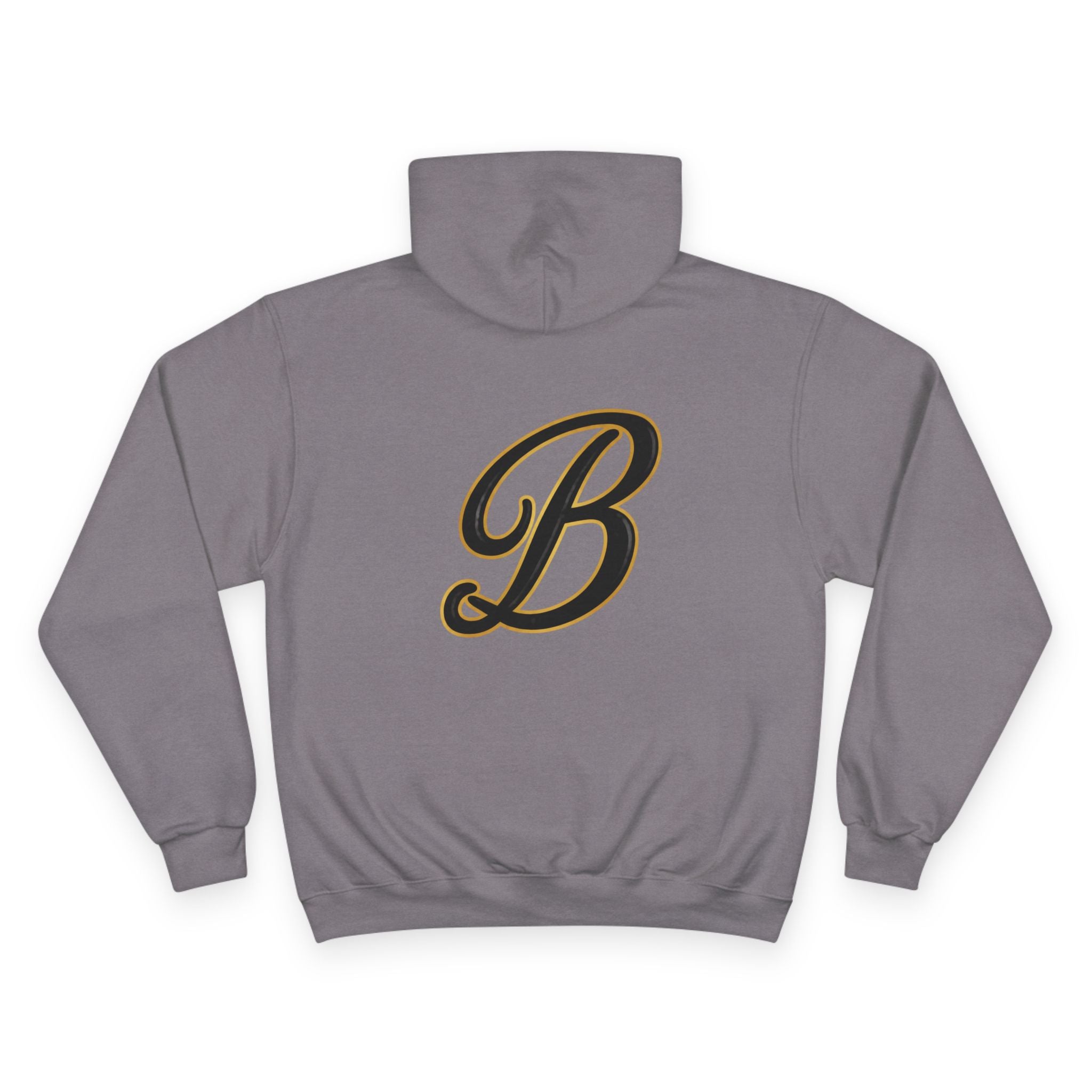 Gray hoodie with bold black and gold letter B graphic, streetwear style
