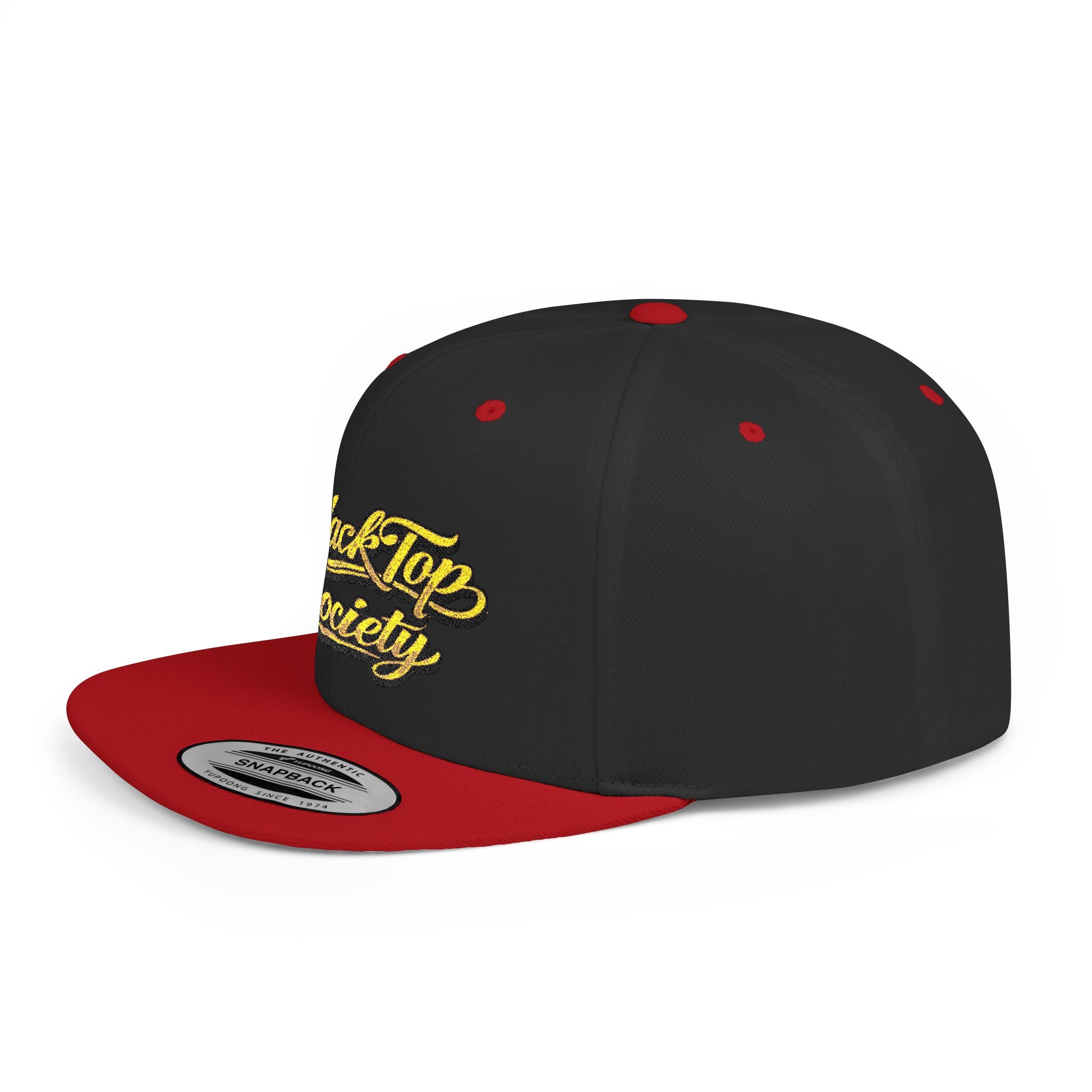 Black and red snapback hat with gold BlackTop Society embroidery, streetwear style cap