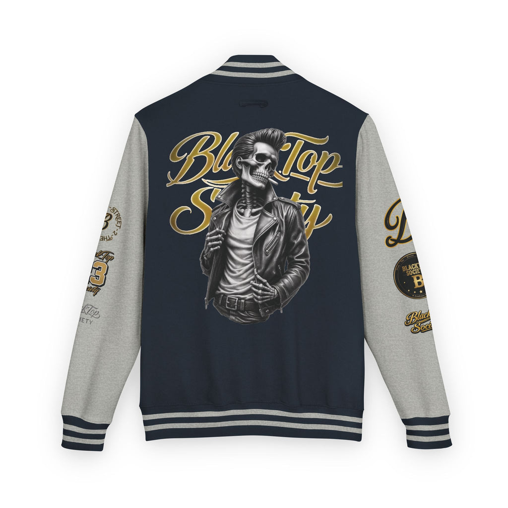 Black & White Letterman Jacket — 'Blue Top Society' Skeleton Biker Design