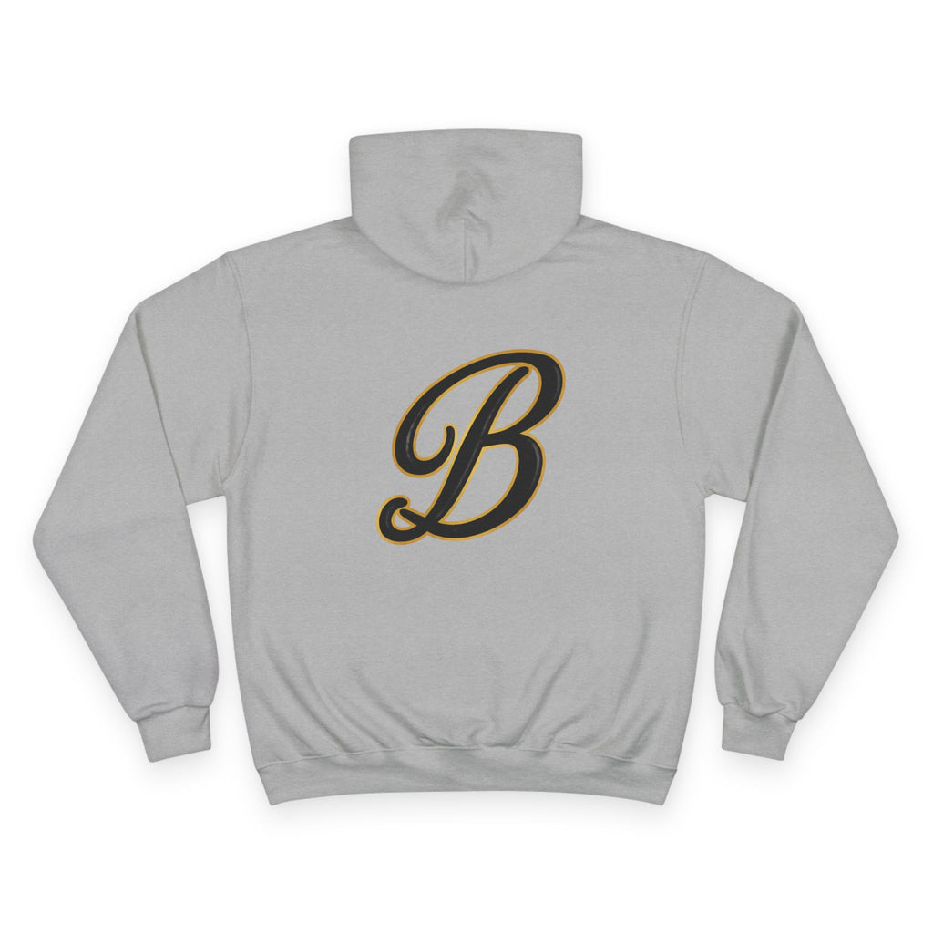 Gray hoodie with bold black and gold letter B graphic, streetwear style