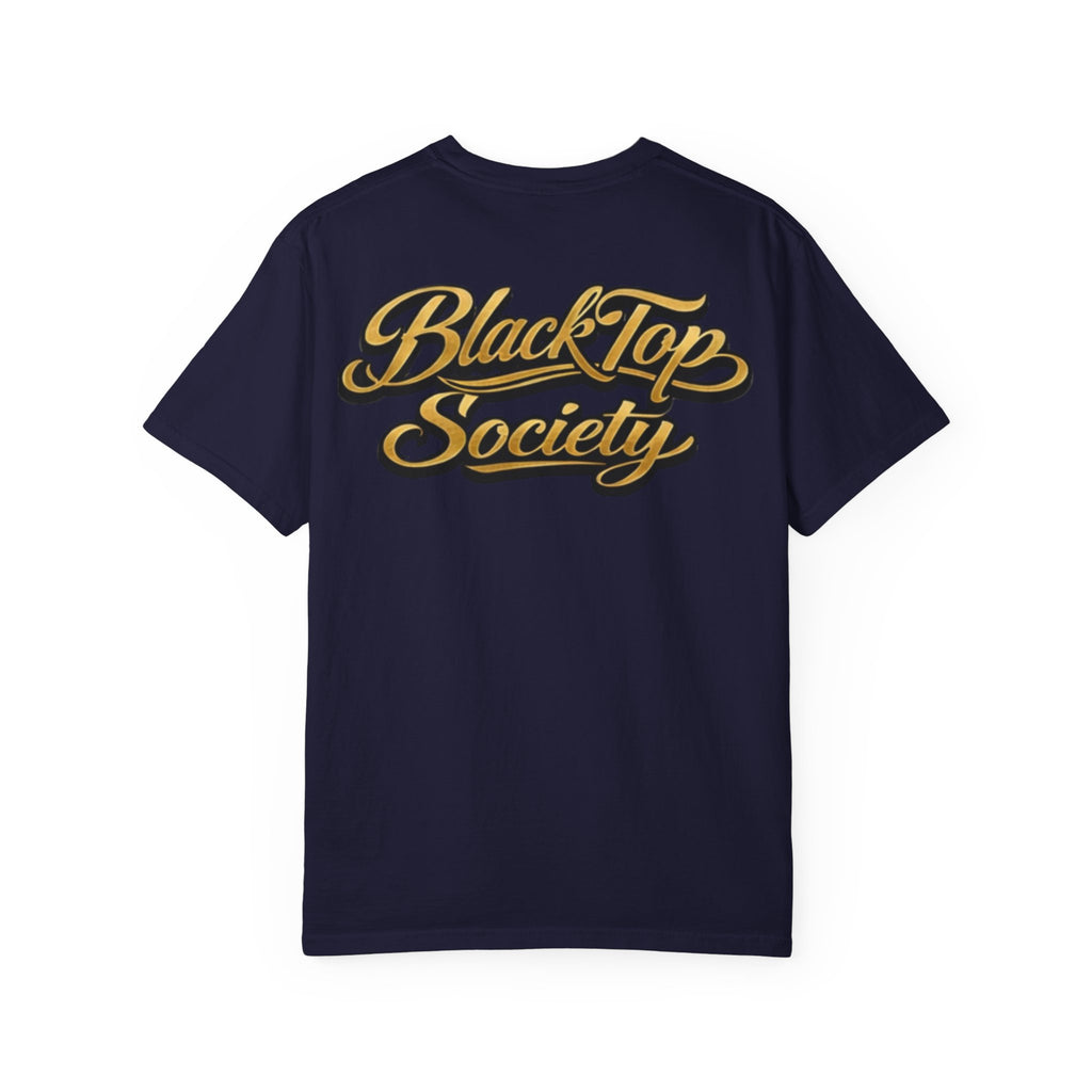 Navy graphic tee with gold BlackTop Society script logo, streetwear style