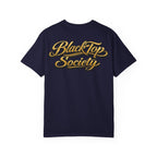 Navy graphic tee with gold BlackTop Society script logo, streetwear style