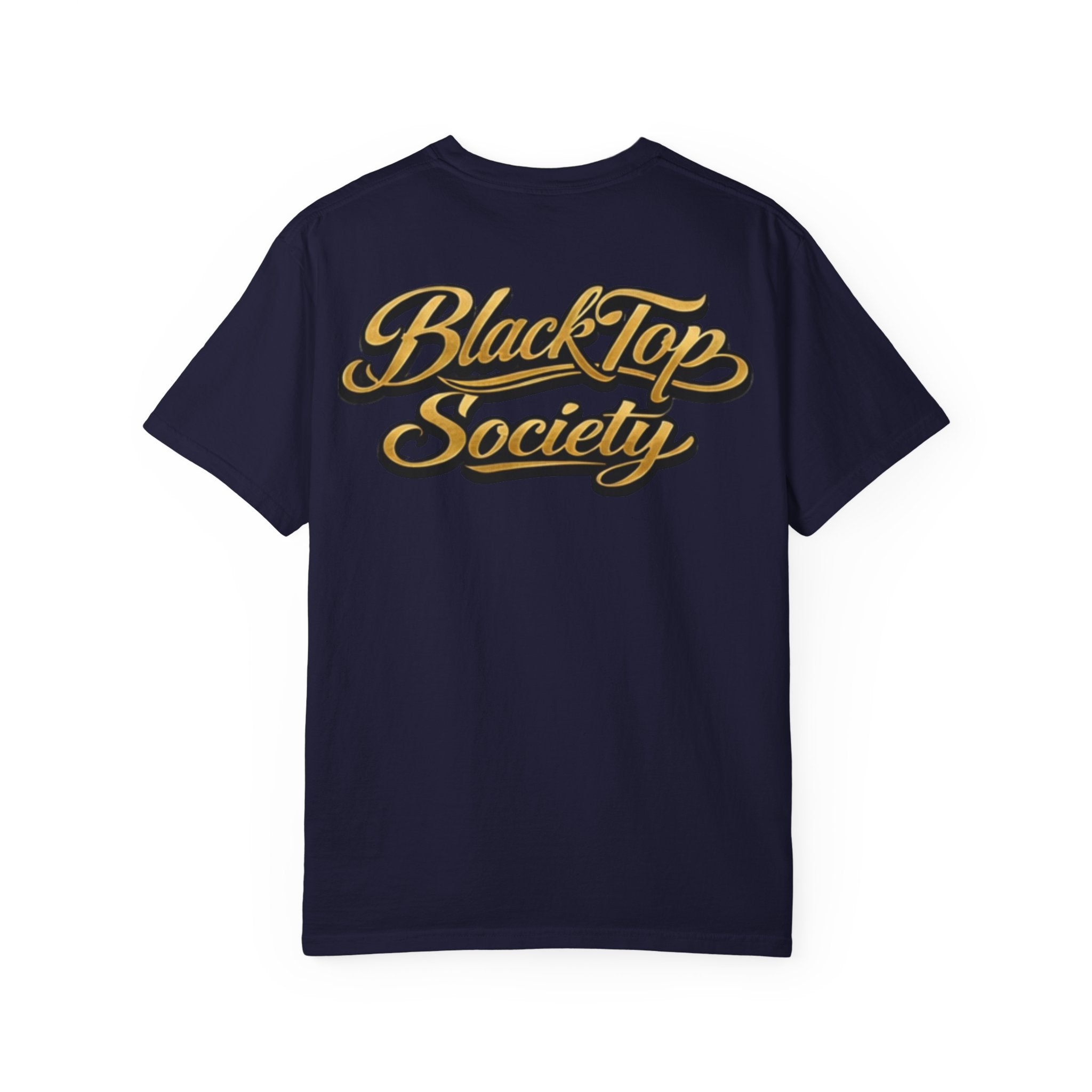 Navy graphic tee with gold BlackTop Society script logo, streetwear style