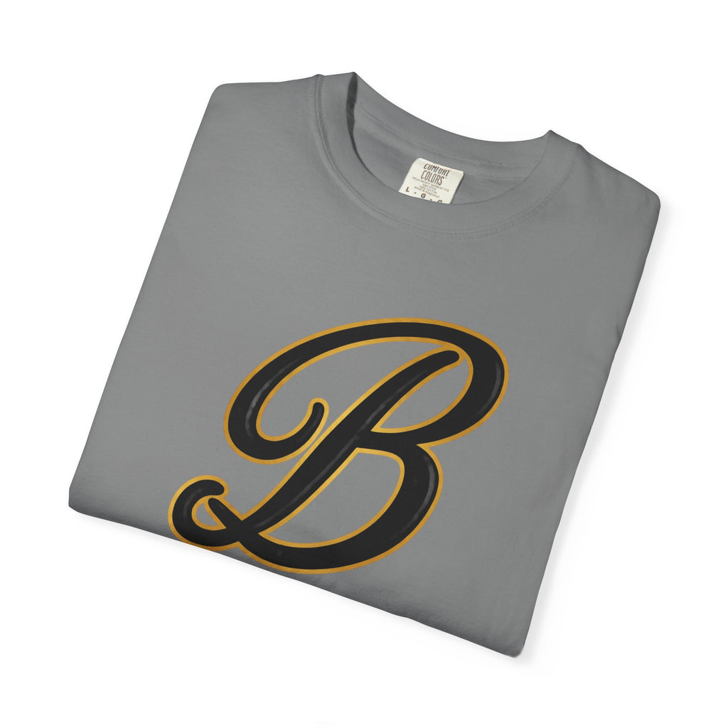 Gray streetwear tee with bold black and gold letter B graphic, folded clean for display