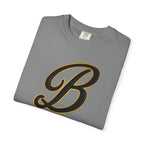 Gray streetwear tee with bold black and gold letter B graphic, folded clean for display