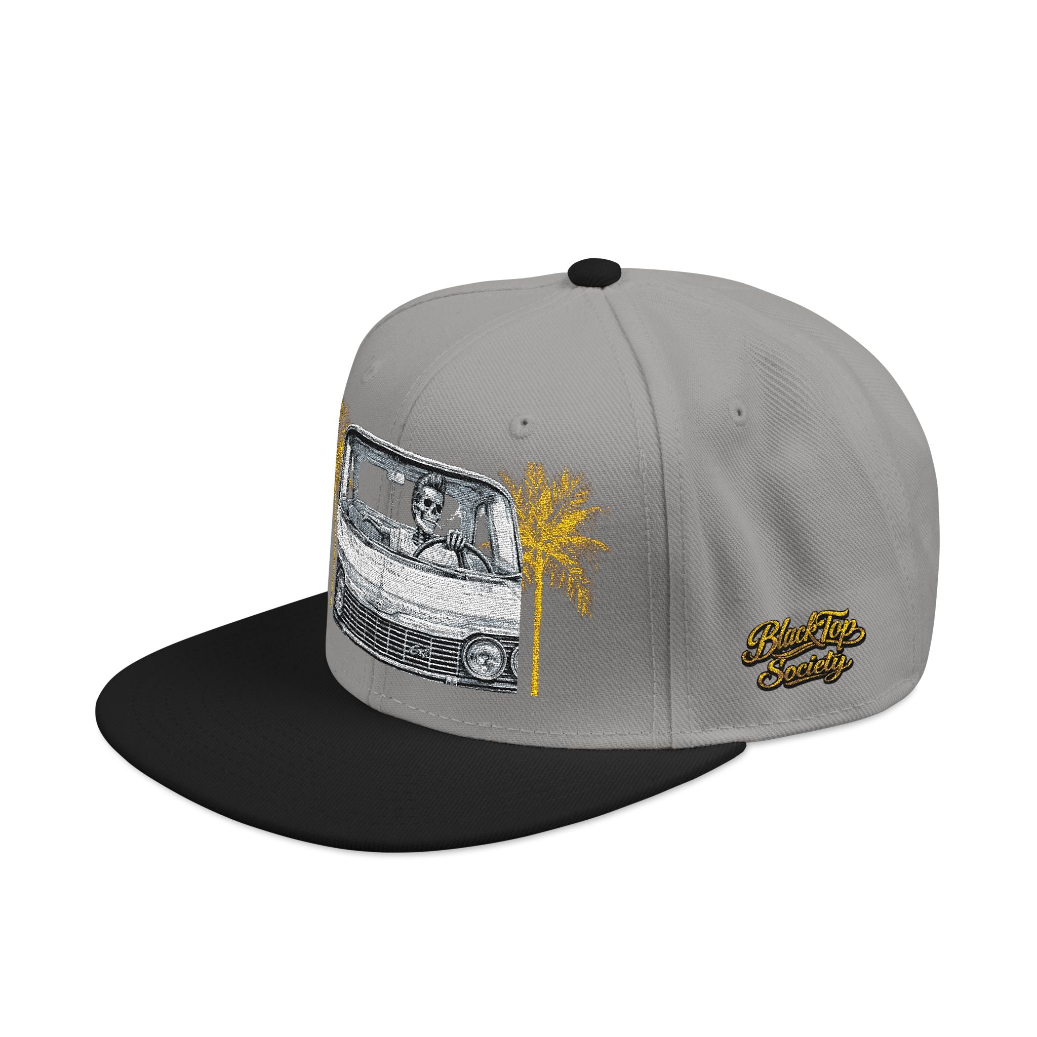 Vintage camper snapback hat with embroidered palm tree and van design, view 6