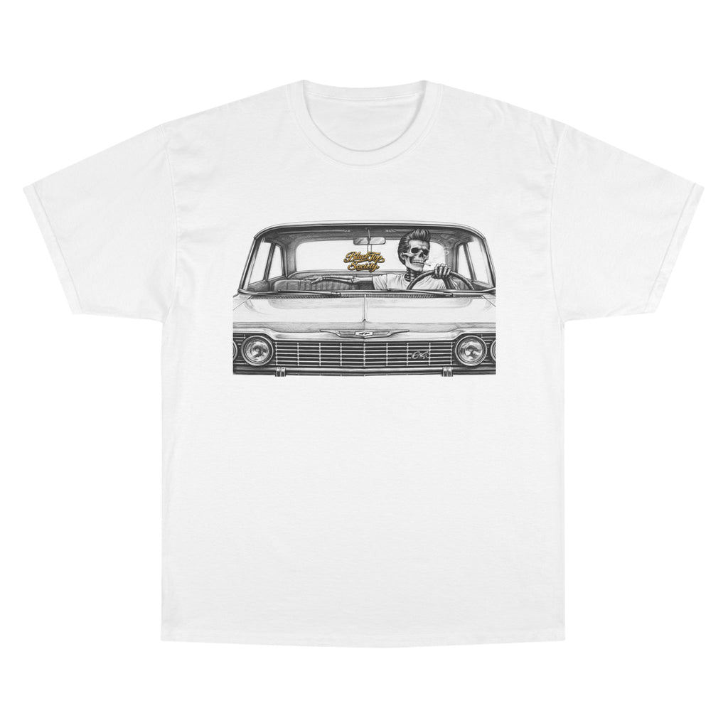White graphic tee with skeleton driving classic car, streetwear style