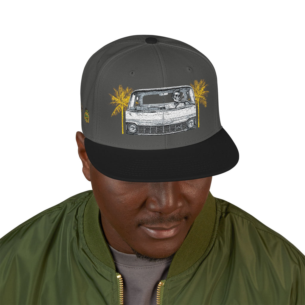 Vintage Camper Snapback Hat — Embroidered Palm Tree & Van Design
