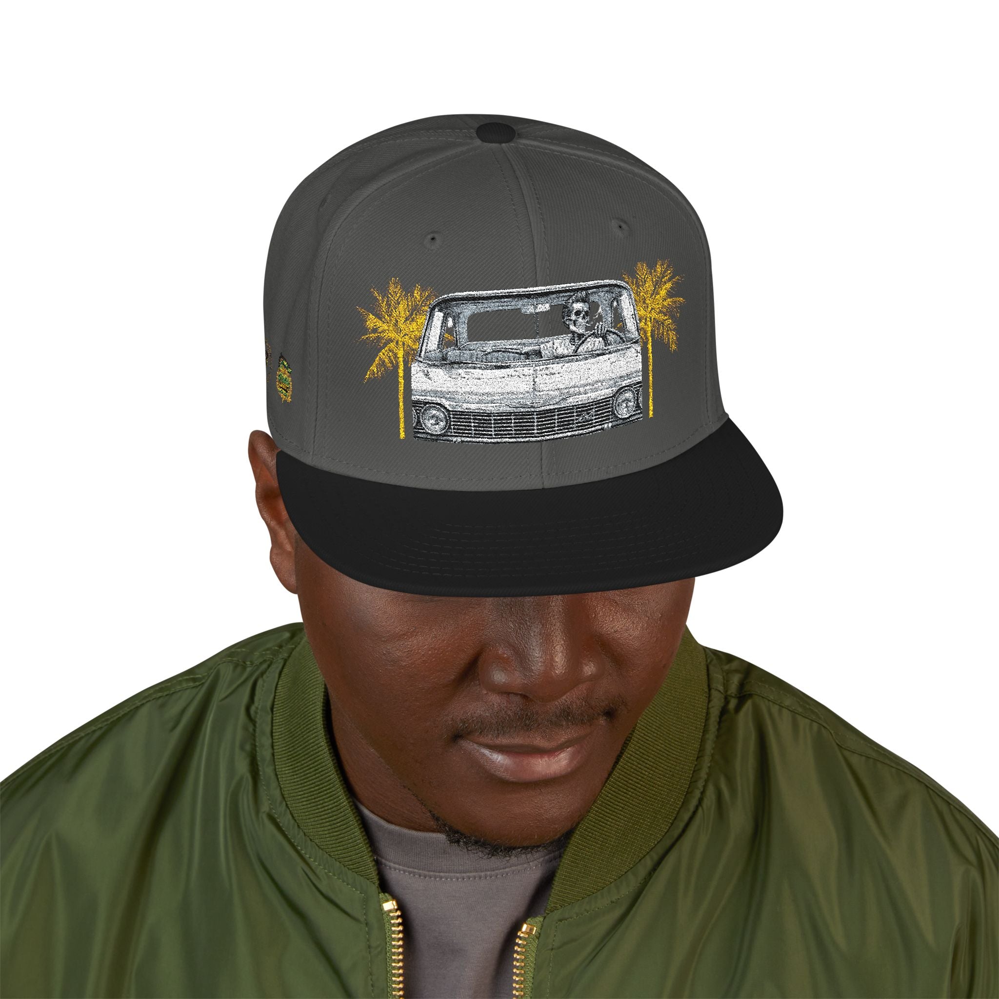 Vintage Camper Snapback Hat — Embroidered Palm Tree & Van Design