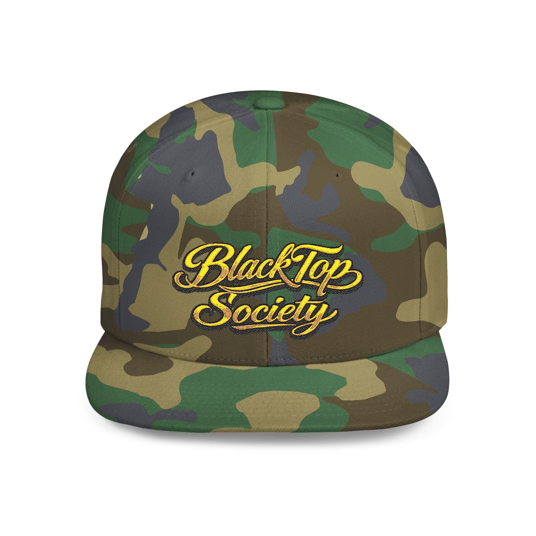 Camouflage snapback hat with BlackTop Society logo in gold script, streetwear style