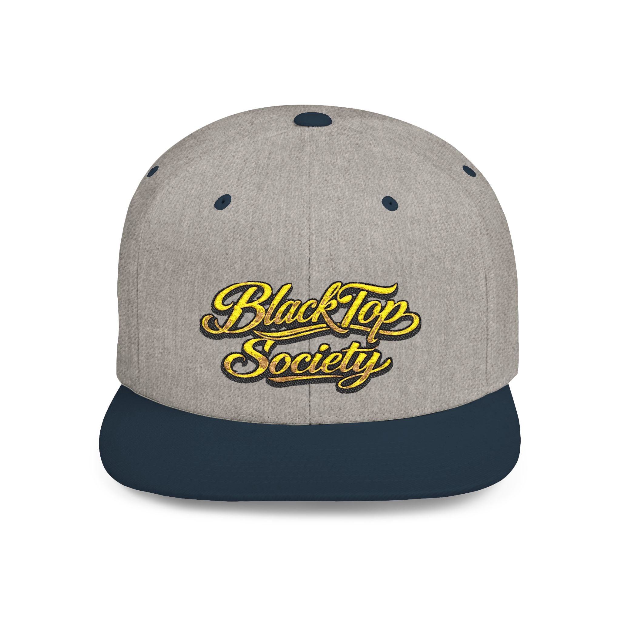 Gray and navy snapback hat with 'BlackTop Society' in yellow script, streetwear style