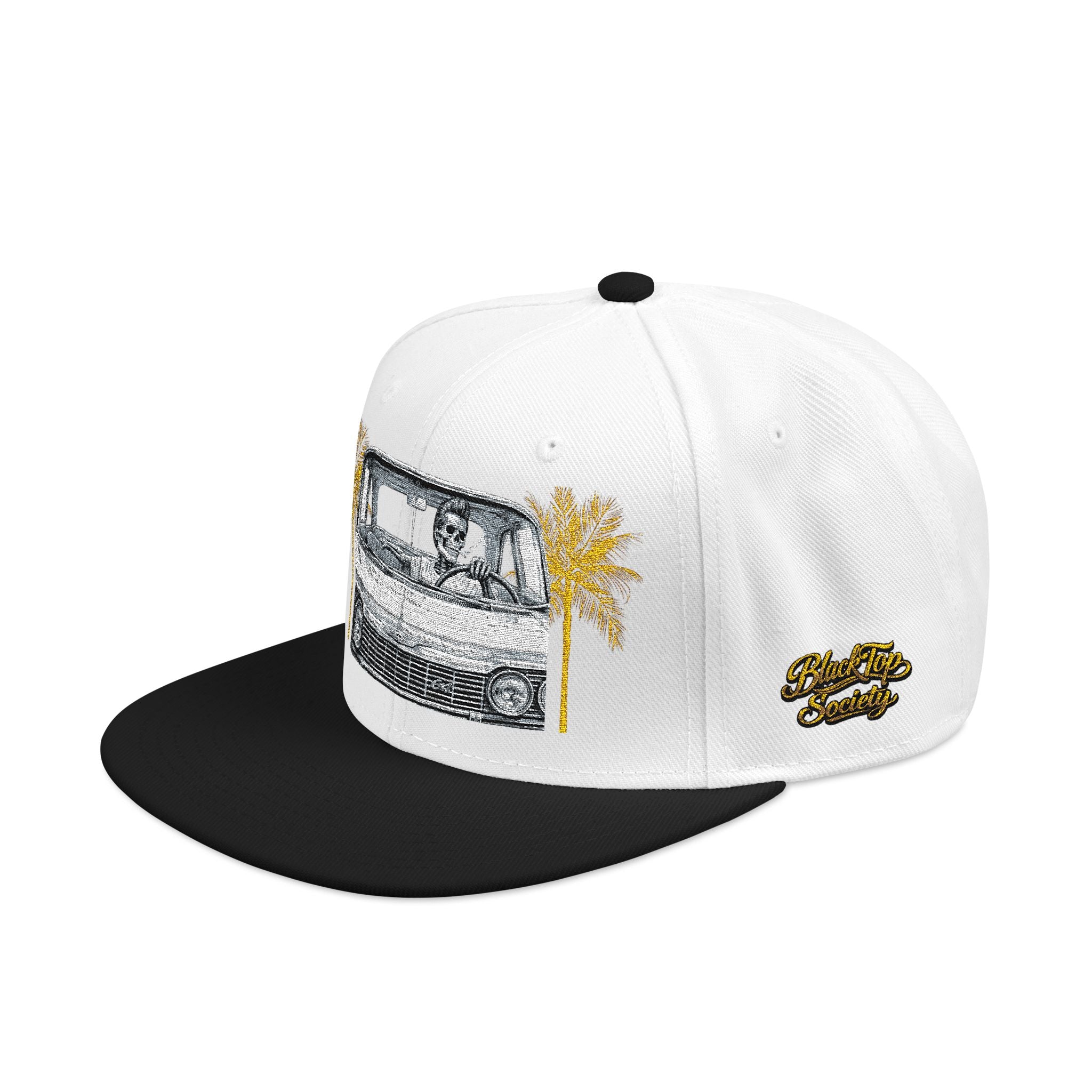 Vintage camper snapback hat with embroidered palm tree and van design, view 8