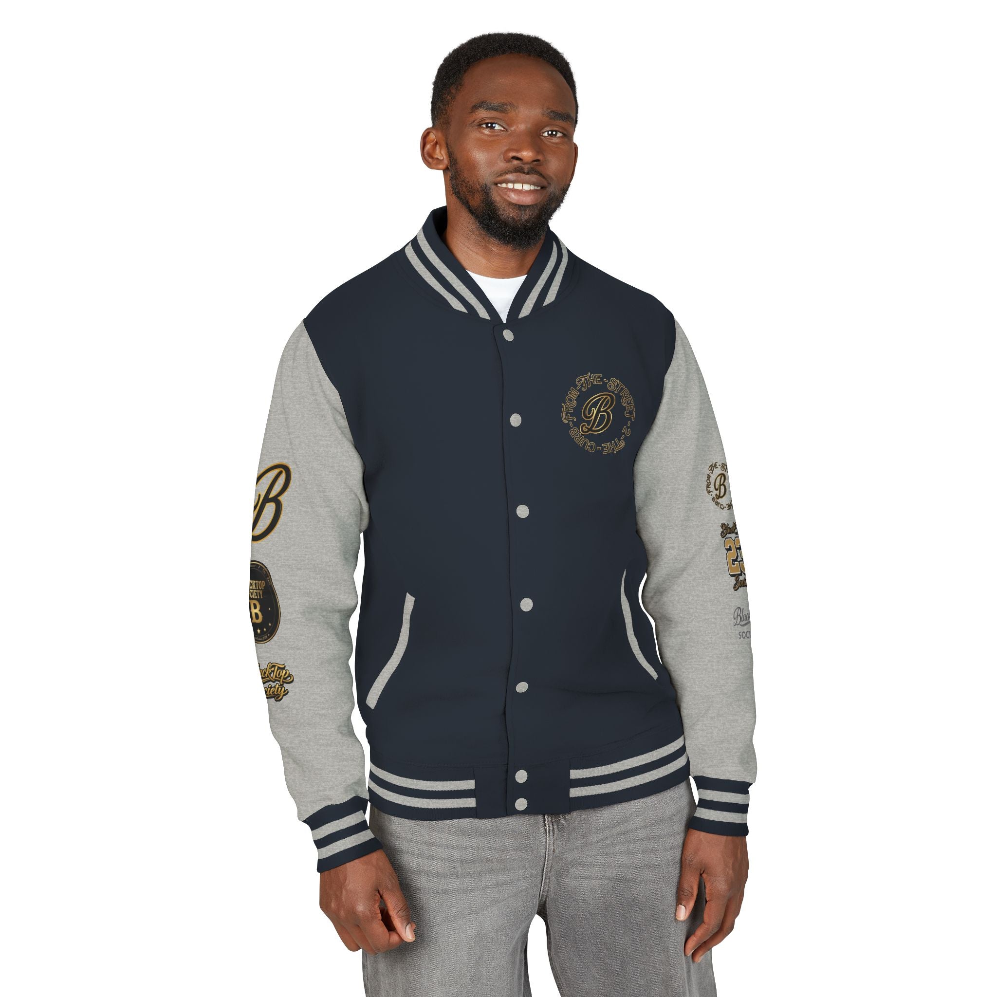 Black & White Letterman Jacket — 'Blue Top Society' Skeleton Biker Design