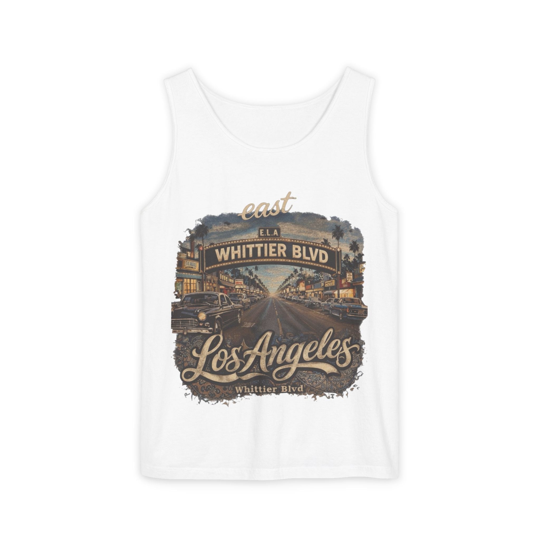 Black tank top with Los Angeles Whittier Blvd vintage script, East LA streetwear by Blacktop Society