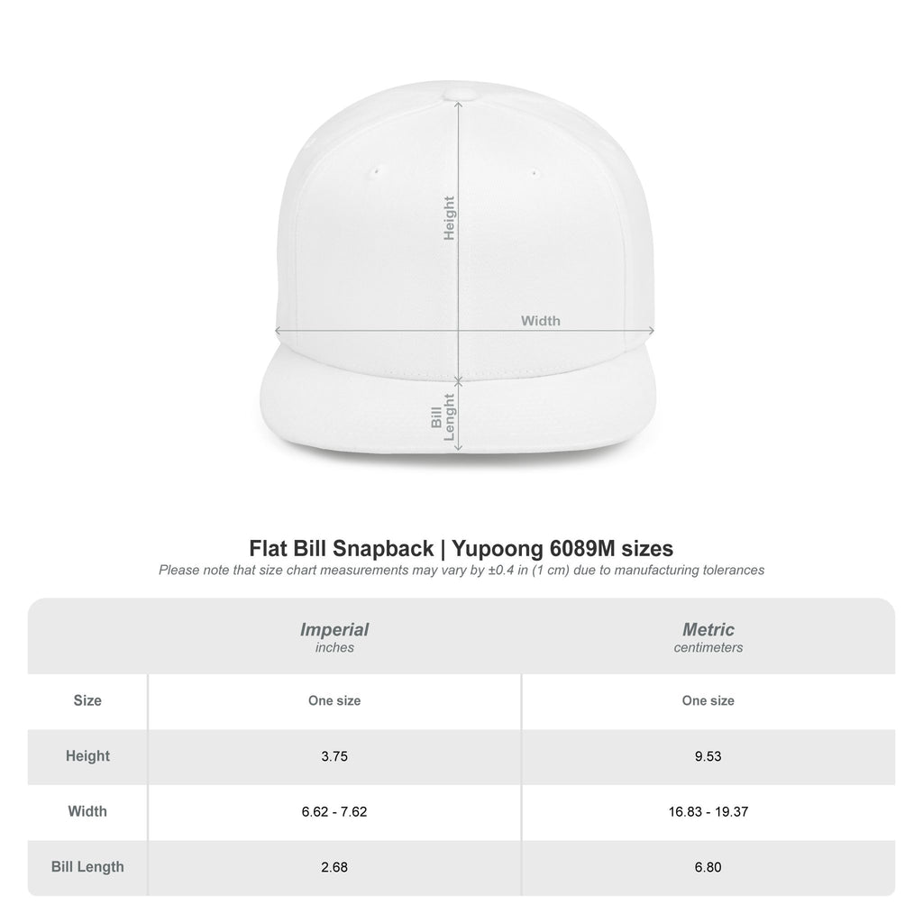 White flat bill snapback cap size chart with height, width, and bill length measurements