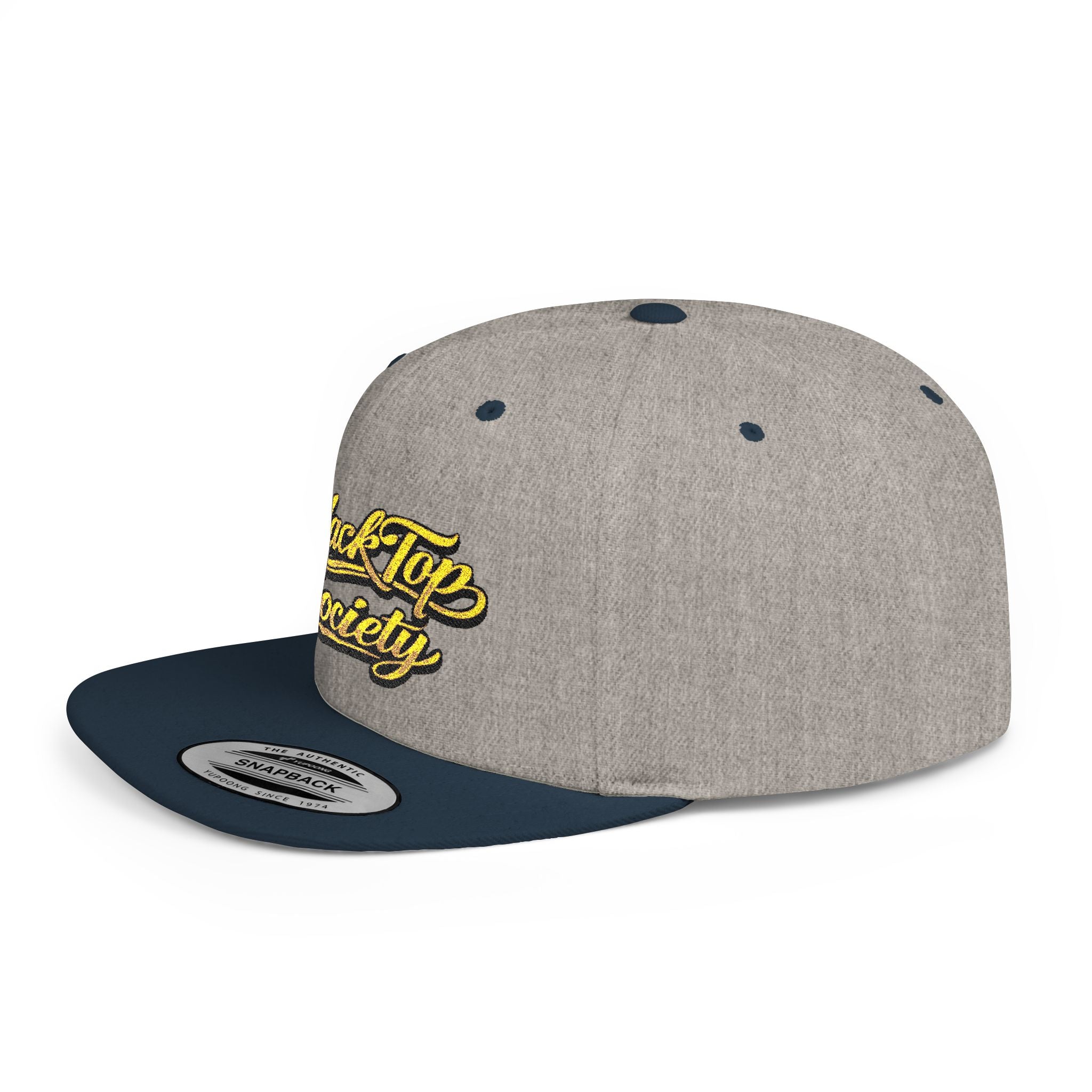 Gray snapback hat with navy brim and yellow BlackTop Society script embroidery, streetwear style