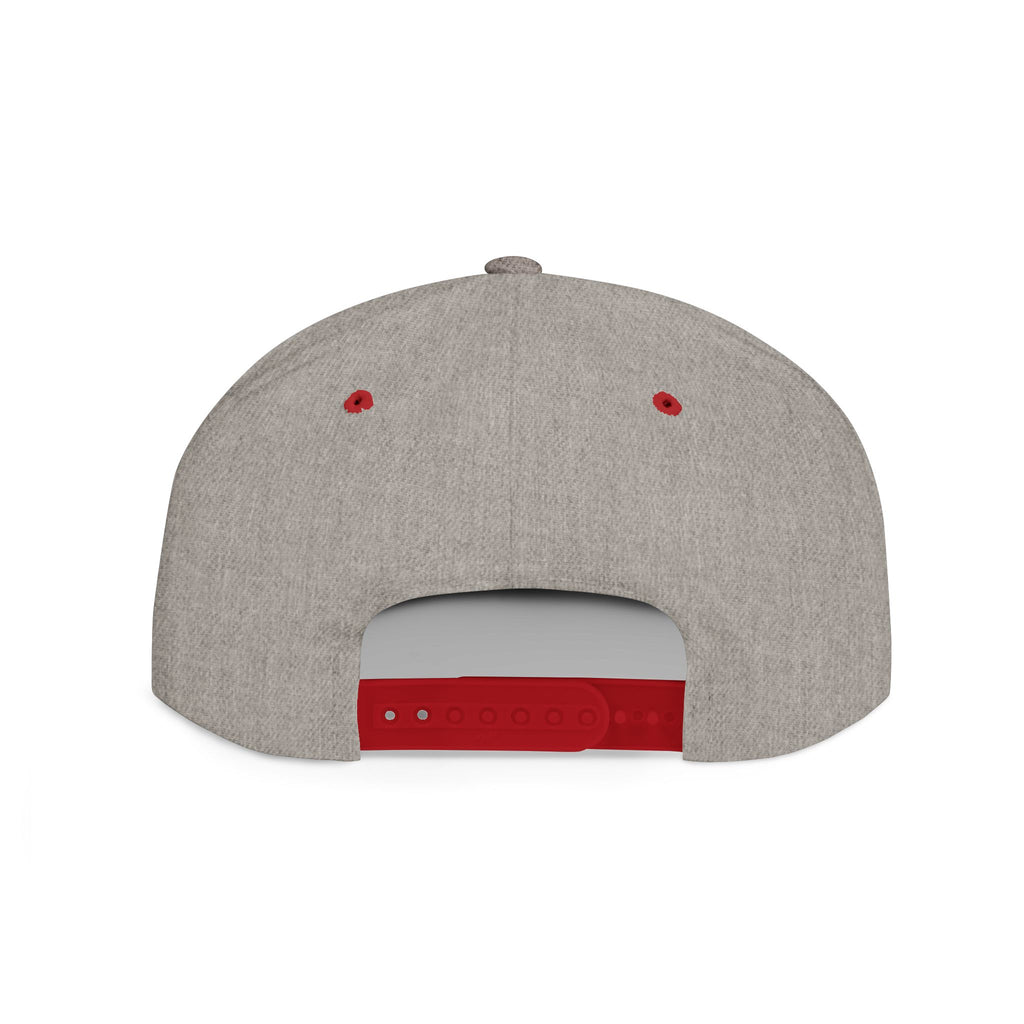 Gray snapback cap with red underbrim and eyelets, streetwear style
