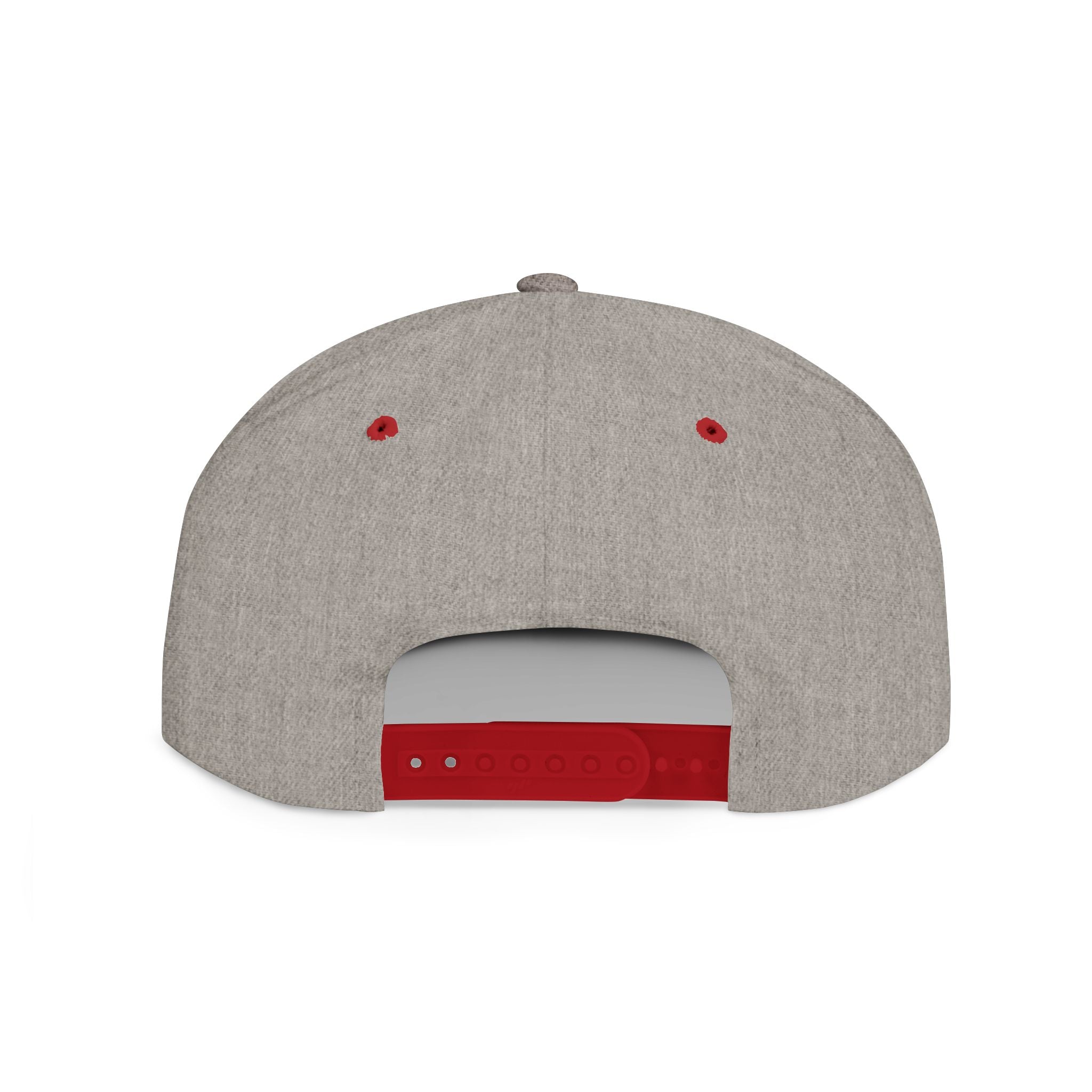 Gray snapback cap with red underbrim and eyelets, streetwear style