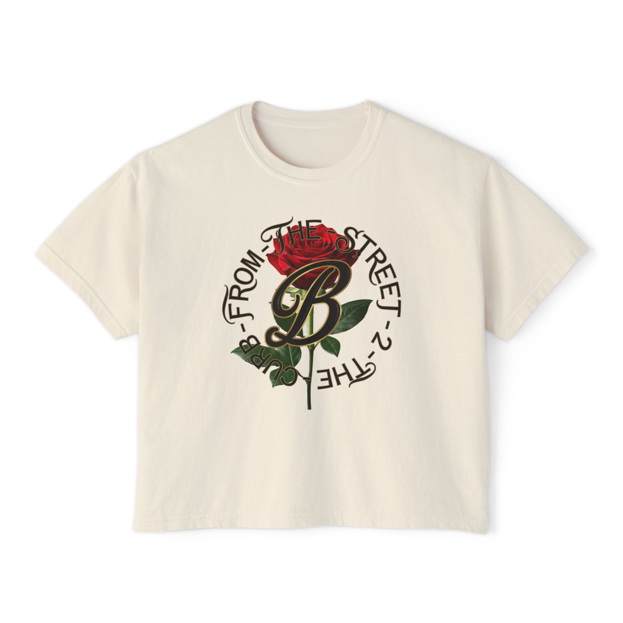 Cream graphic tee with red rose and 'B From The Street 2 The Curb' streetwear design