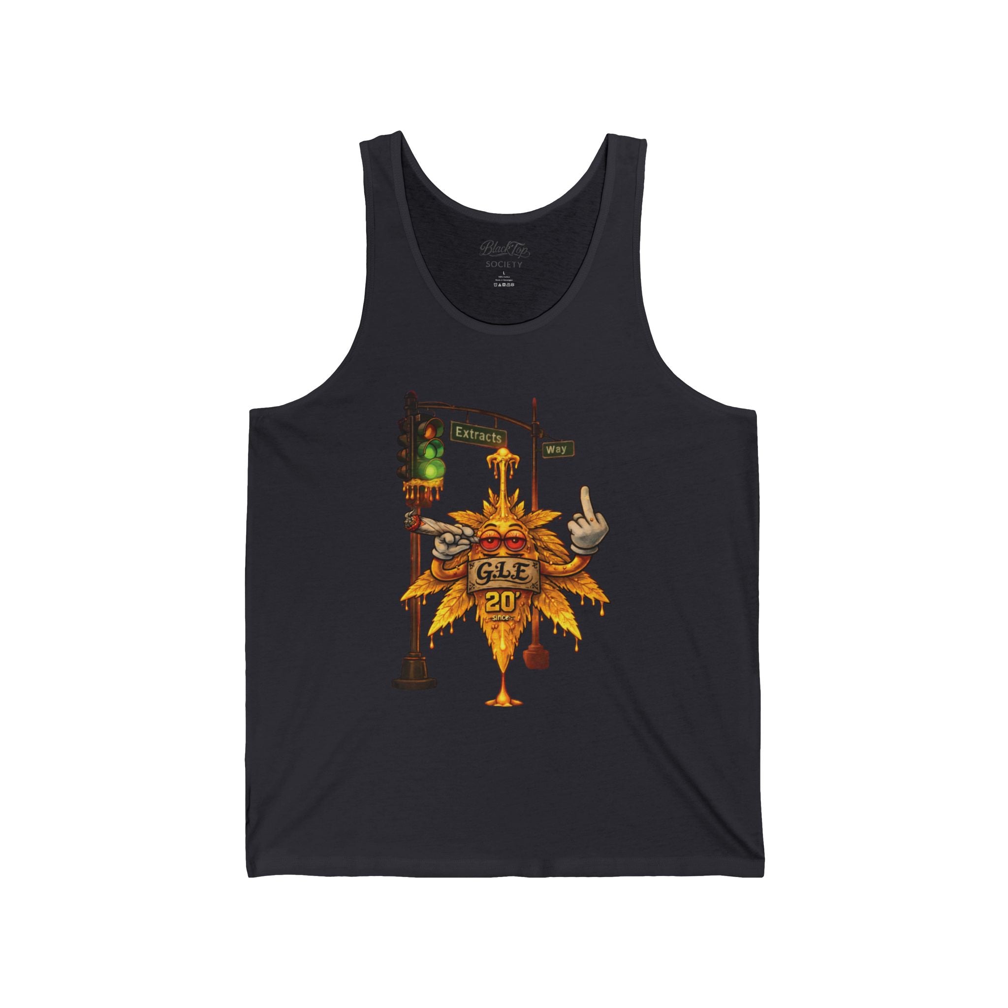 Black tank top with cartoon cannabis leaf character, traffic light, and 'G.L.E 20' graphic print