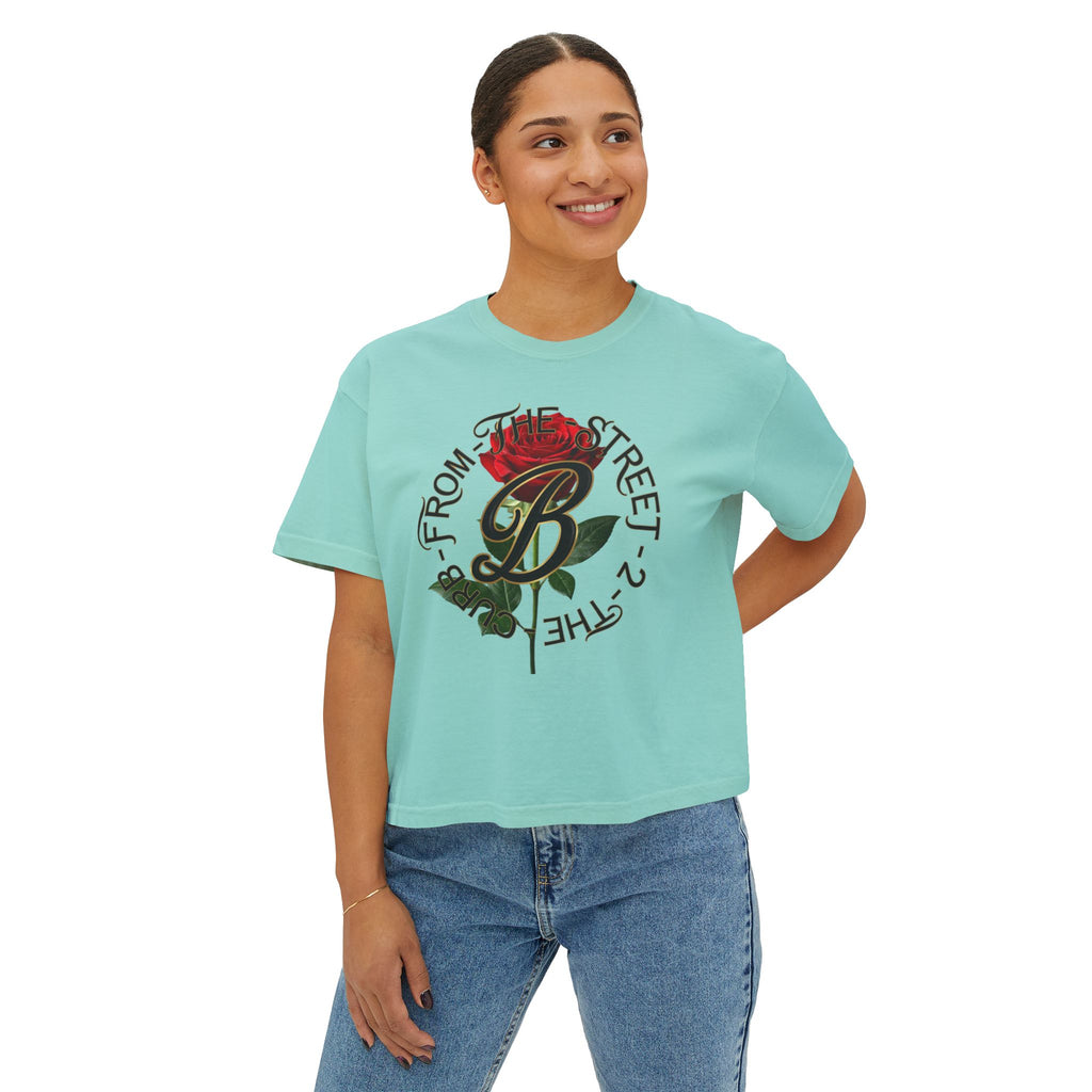 Mint streetwear tee with red rose graphic and 'From The Street 2 The Curb' text, styled with jeans.