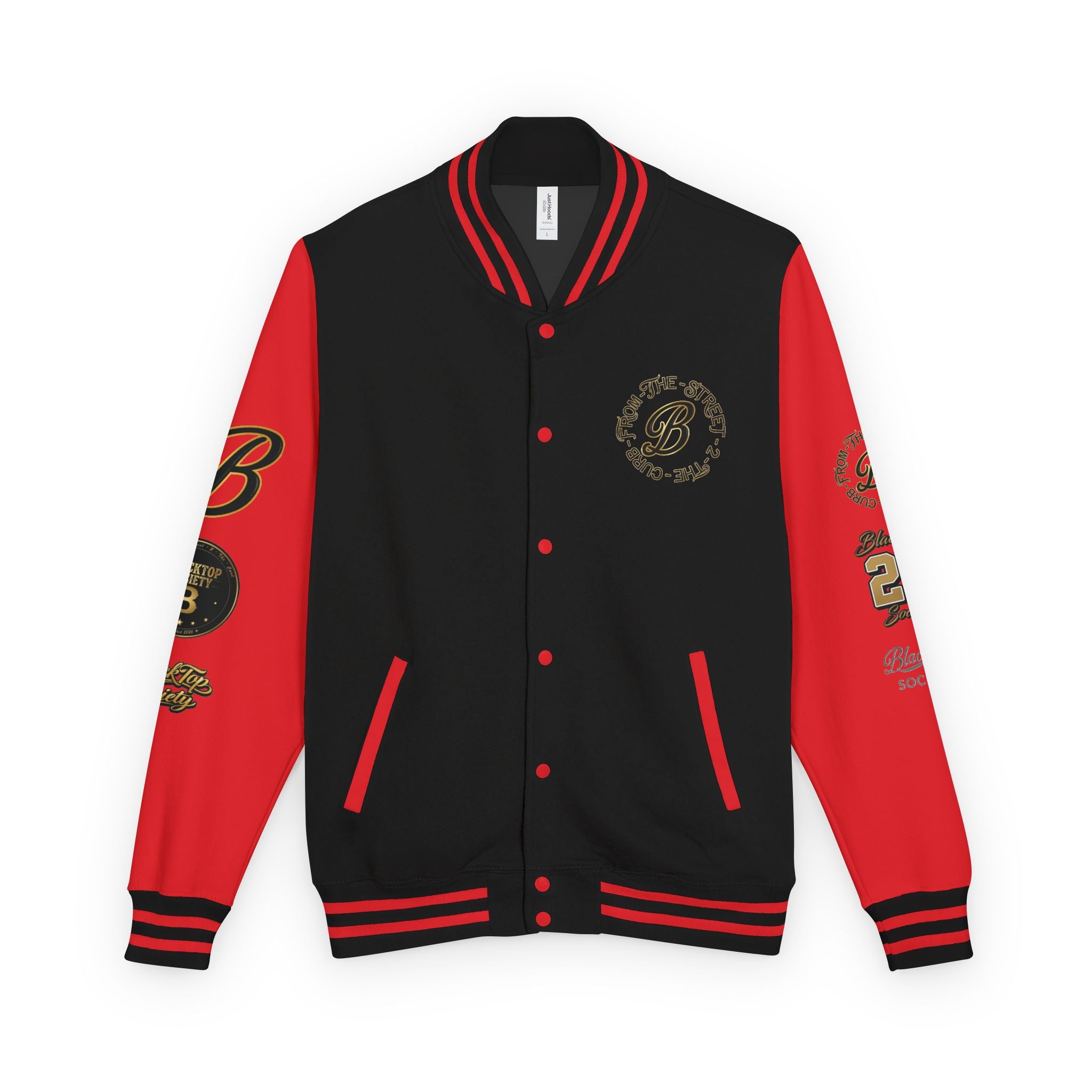 Black and white letterman jacket with skeleton biker design, Blacktop Society varsity outerwear, view 6