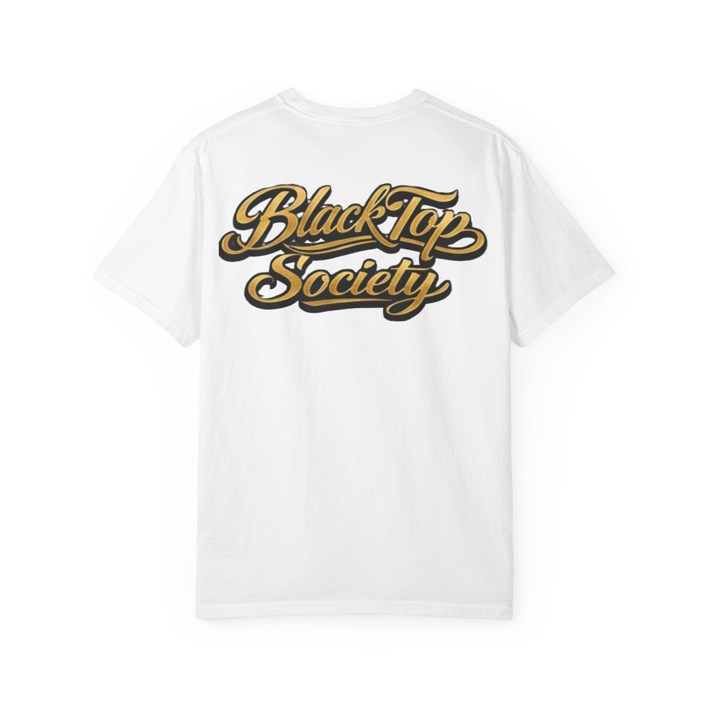 White graphic tee with gold BlackTop Society script logo, streetwear style
