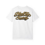 White graphic tee with gold BlackTop Society script logo, streetwear style