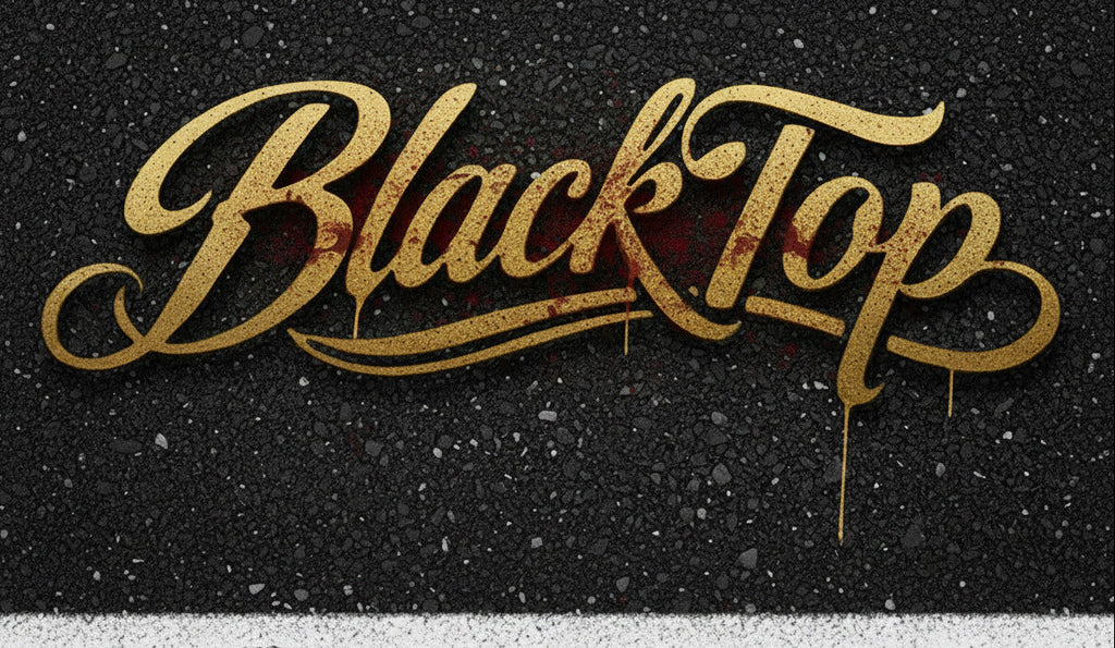 Gold 'BlackTop' graffiti-style logo on asphalt with white line, streetwear brand design