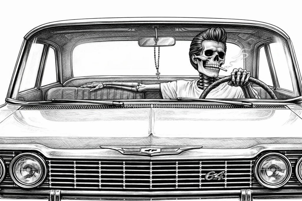 Skeleton with pompadour driving classic car, smoking cigarette — streetwear graphic tee design