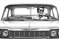Skeleton with pompadour driving classic car, smoking cigarette — streetwear graphic tee design